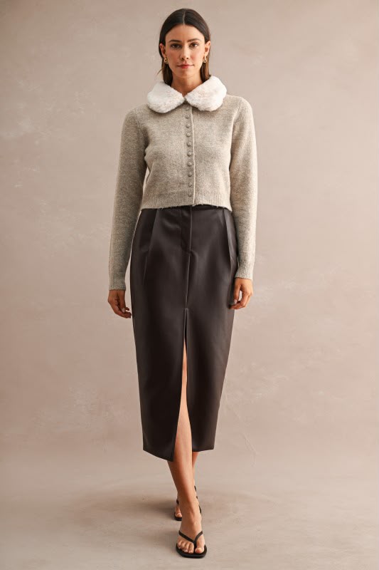 Falda vinil piel café midi